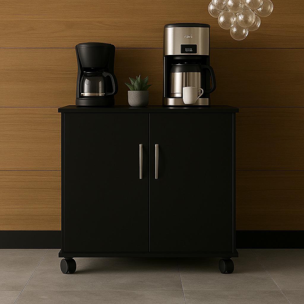 Balção Preto Multiuso Organizador 2 Portas 5 Prateleiras Cafeteira — Móveis