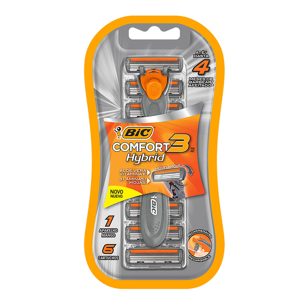 Barbeador descartável Comfort3 Hybrid recarregável Cinza 6 lâminas Bic — Barba