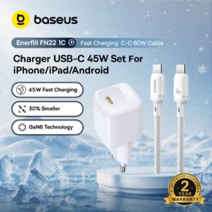 Baseus 45W GaN5 Mini Carregador Rápido Com Cabo De Carregamento De