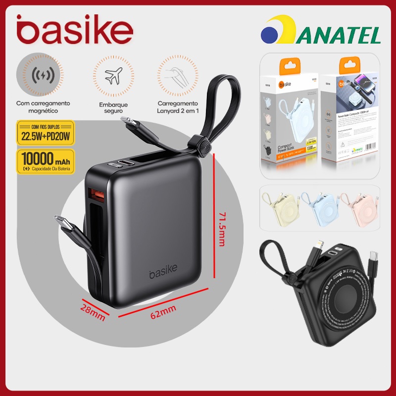 Basike Power Bank 10mah PD 22.5 W Mini Bateria portátil Carregamento