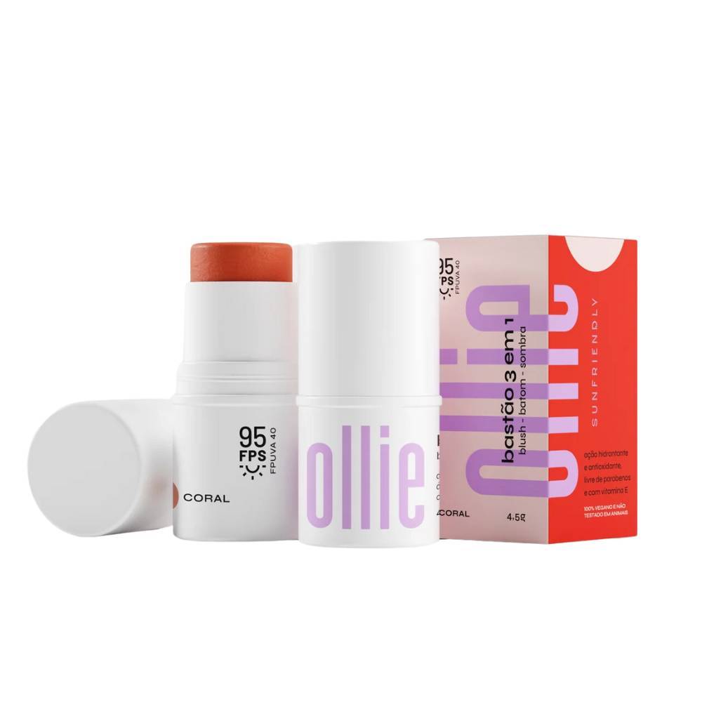 Bastão Ollie 3 em 1 Blush, Batom e Sombra Fps 95 Coral com 4,5g
