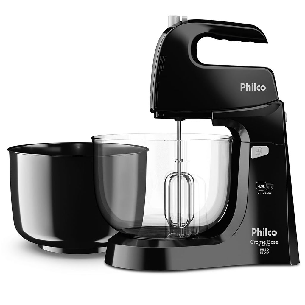 Batedeira Philco 550W Preta Crome Base Cristal Duo Turbo — Eletroportáteis