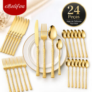 Belifou Faqueiro 24 Peças Dourado Aço Inoxidável Talheres Premium Com