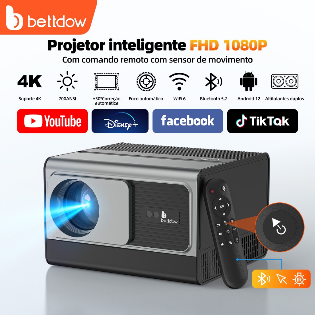 Bettdow Projetor totalmente selado 4K 8K 700ANSI 22000Lumens Android