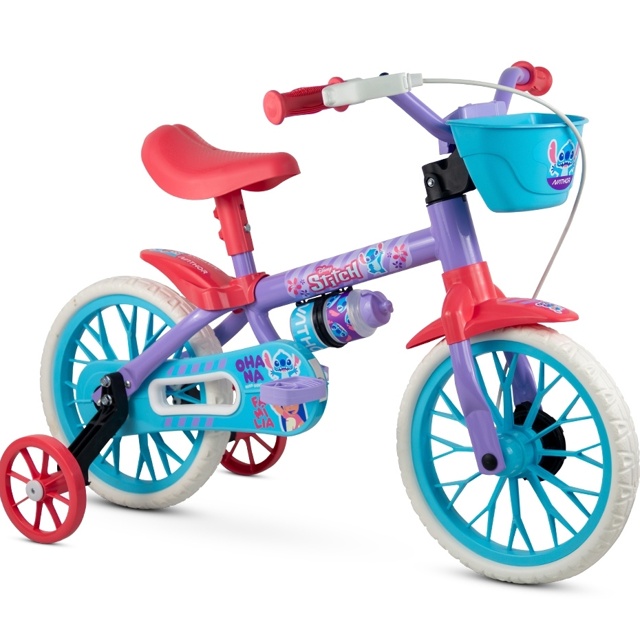 Bicicleta Infantil Aro 12 Stitch C Rodinhas de Equilíbrio Garrafinha