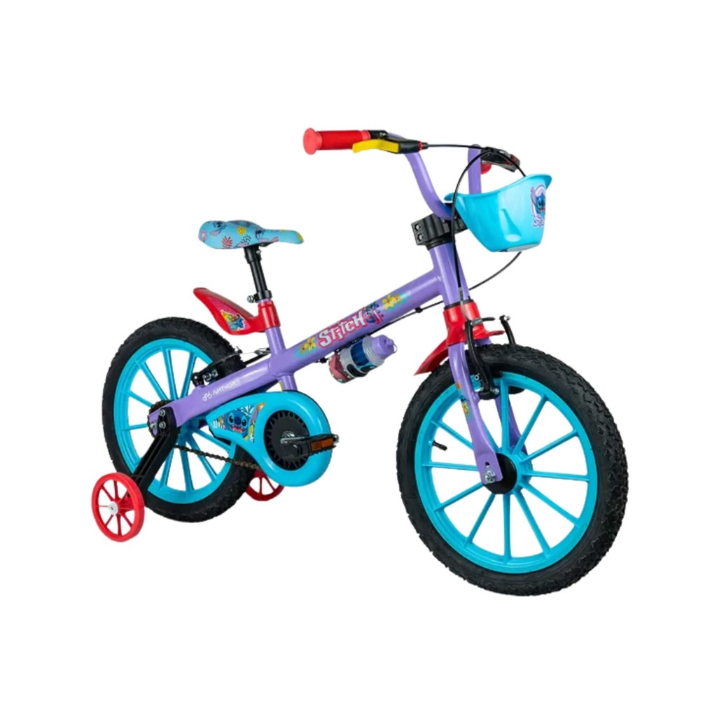 Bicicleta Infantil Aro 16" Disney Stitch Rodinhas Garrafinha Cestinha