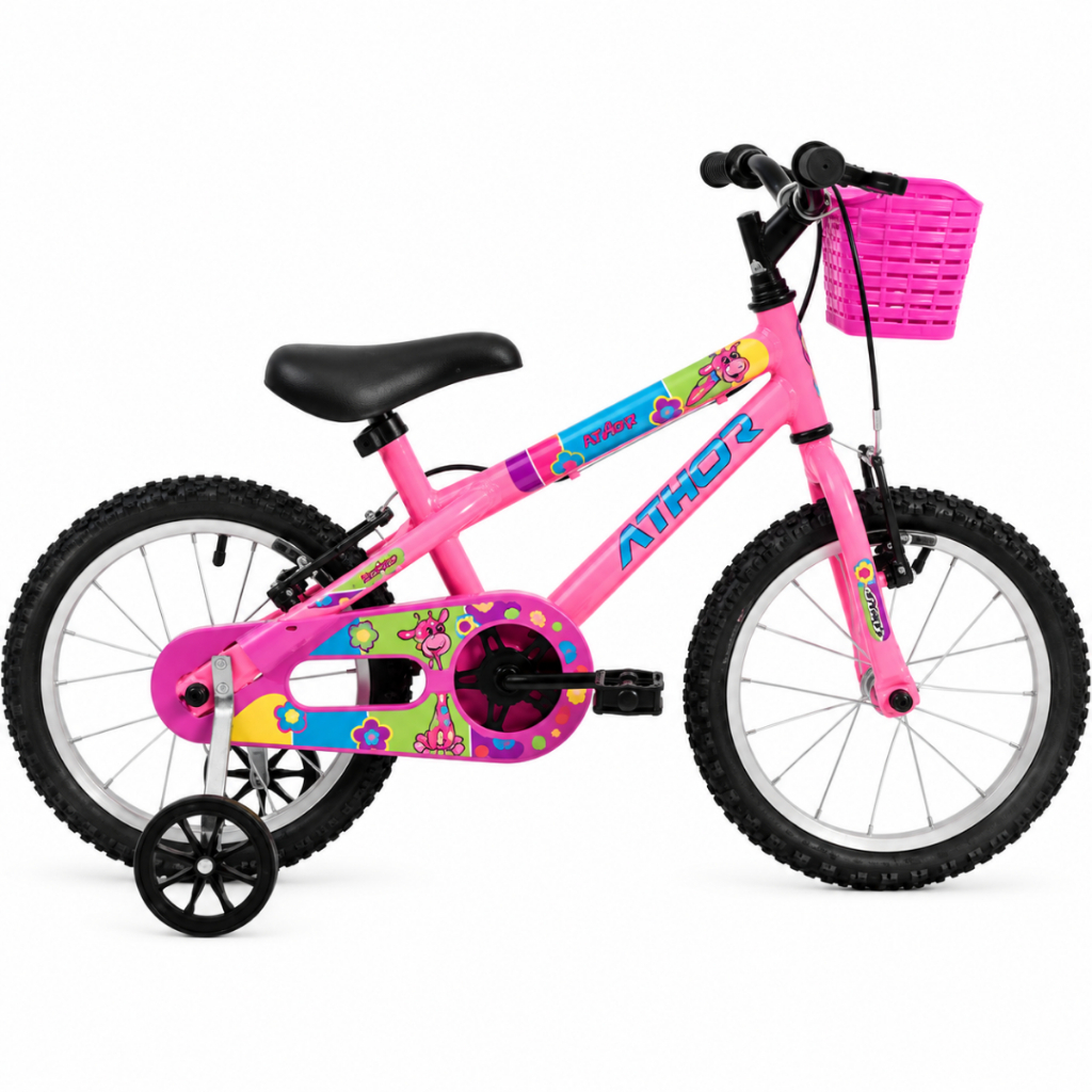 Bicicleta Infantil Athor Baby Girl Aro 16 Rosa Girafa Com Cestinha e