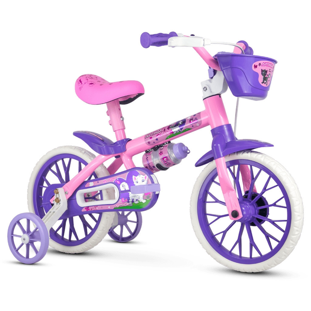 Bicicleta Infantil Nathor Aro 12 Menina Cat Rosa E Roxo Cestinha