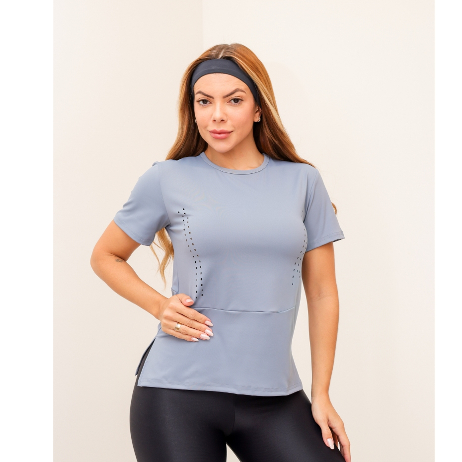 Blusa Fitness Feminina Esportiva Manga Curta Respirável com Detalhe — Esporte e Lazer