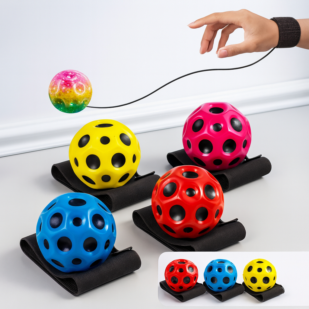 Bola Espacial Lunar Neon Com Elástico de Borracha Sensorial Brinquedo