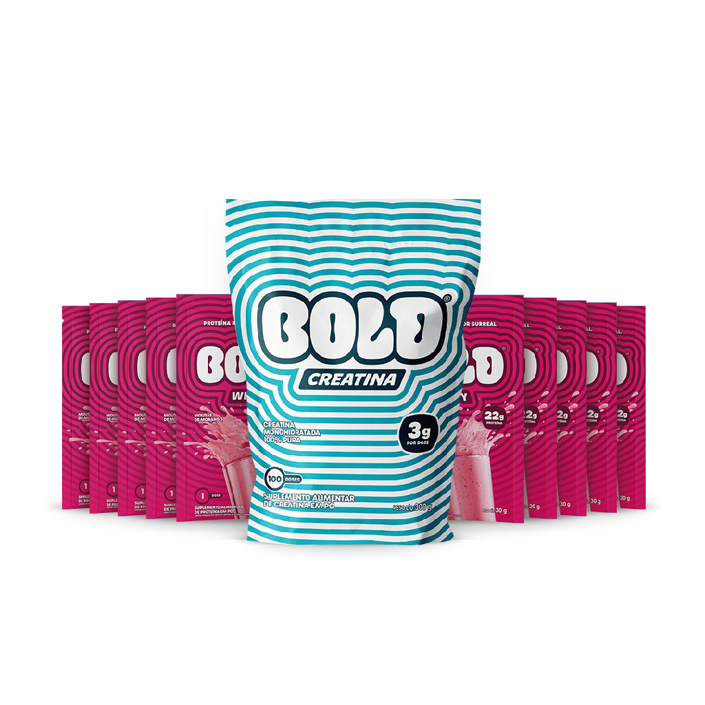 Bold Creatina 300g 10 Sachês Whey 30g Morango — Suplementos