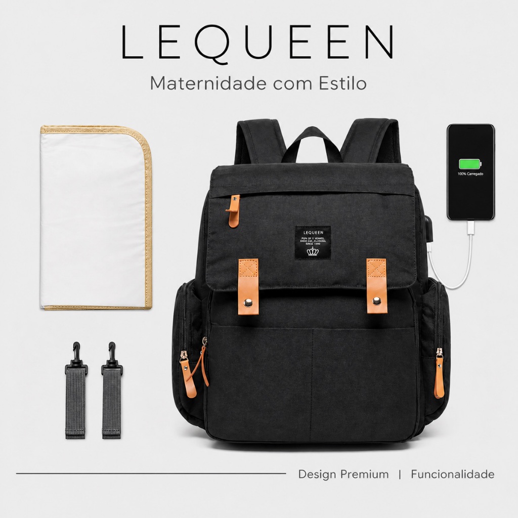 Bolsa Mochila Saída Maternidade Lequeen Multifuncional Grande Encaixe