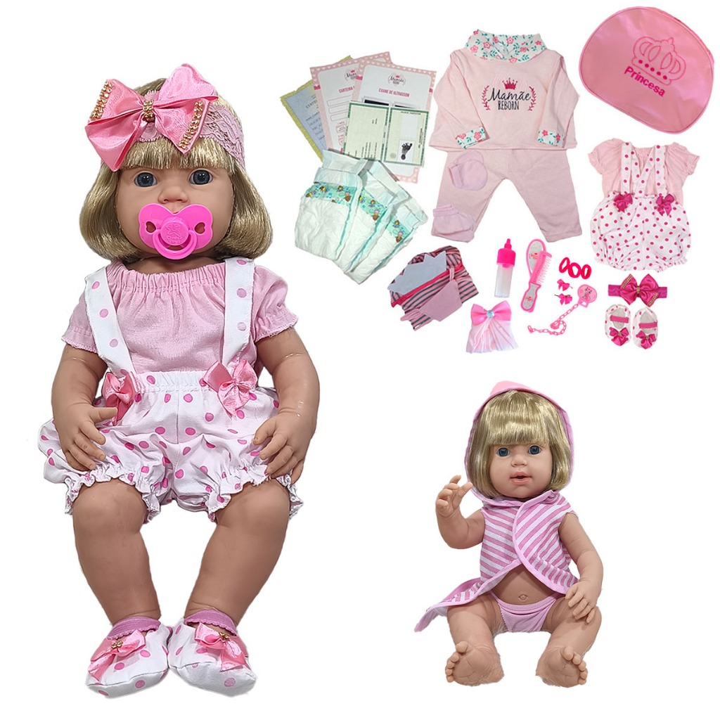 Boneca Bebê Reborn Enxoval Completo Loira Duas Trocas 45cm!