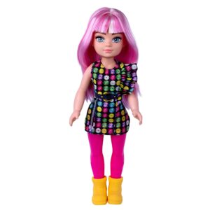 Boneca Charmosa Fashion Cabelo Rosa Com Adesivos