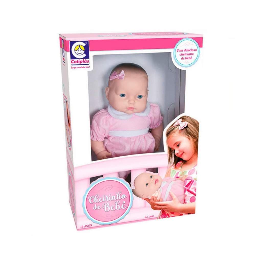 Boneca Cheirinho de Bebe em Vinil 36cm com Vestidinho Rosa Cotiplas