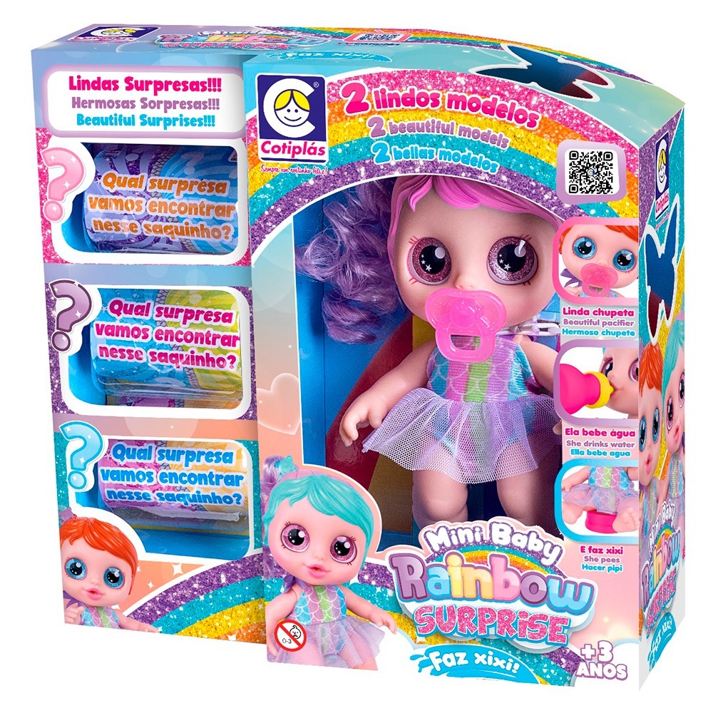 Boneca Mini Rainbow Surprise Faz Xixi Cabelo c Mechas