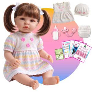 Boneca Reborn Bebê Realista em Silicone com Vestido Listrado Bolsa