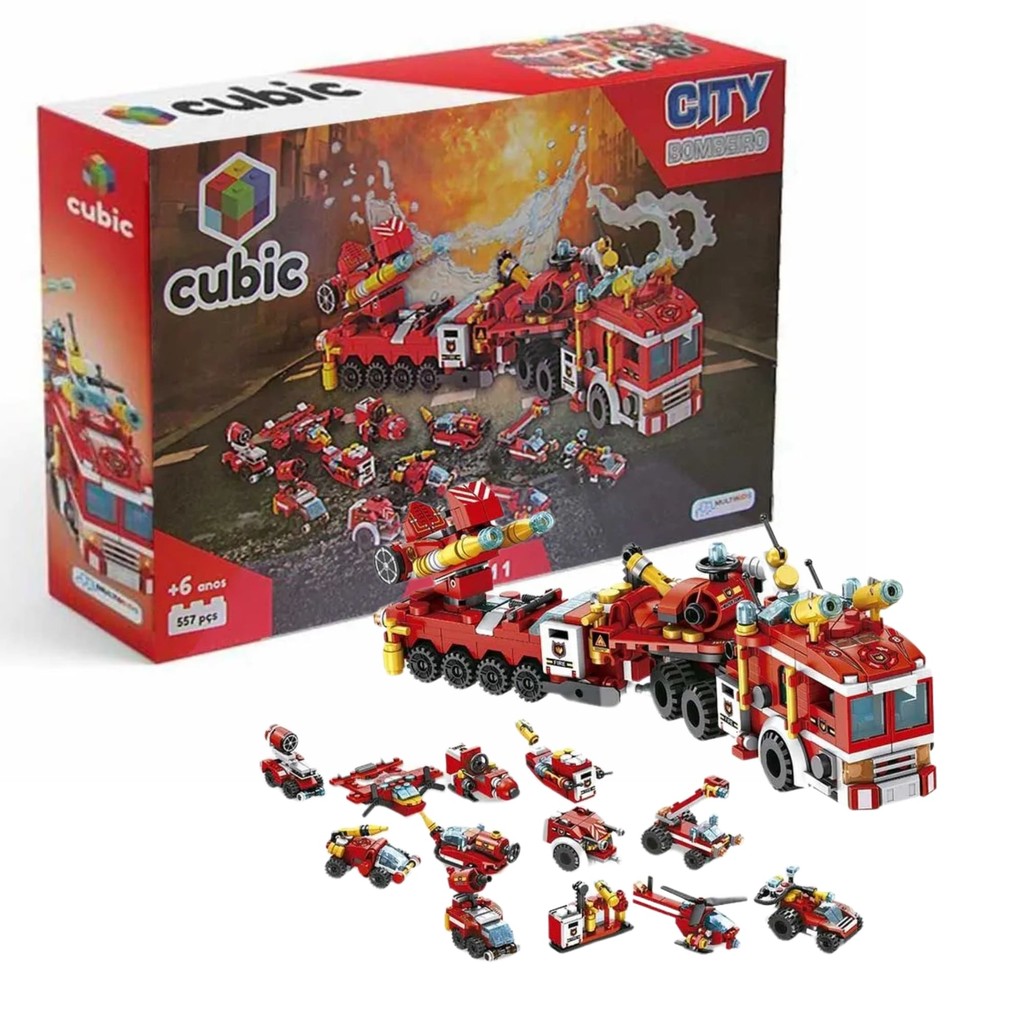 Brinquedo Blocos de Montar Cubic City 12 em 1 Bombeiro Resgate 557