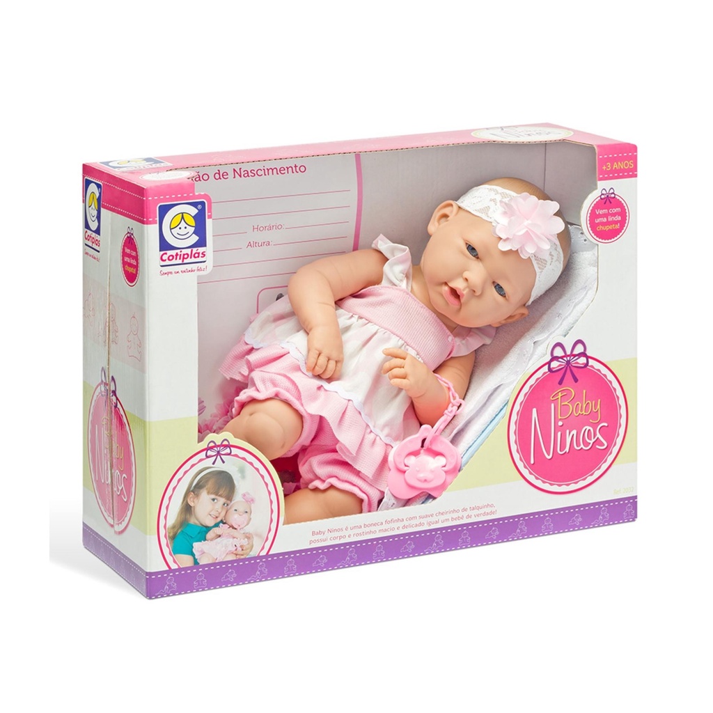 Brinquedo Boneca Baby Ninos em Plástico Vinil 37,5cm com Acessórios
