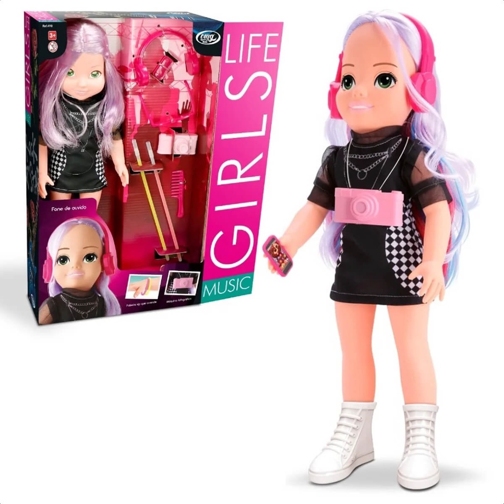 Brinquedo Boneca Girls Life Music 100% Vinil Com Acessórios Faz de