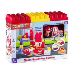 Brinquedo de Montar Bombeiros Cubic Jr 31 Peças Blocos de Encaixes