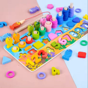Brinquedo Educativo De Somar Encaixe Pega Peixe Tabuleiro Madeira