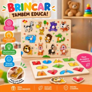 Brinquedo Encaixe Frutas Transporte Animais Madeira Quebra Cabeça