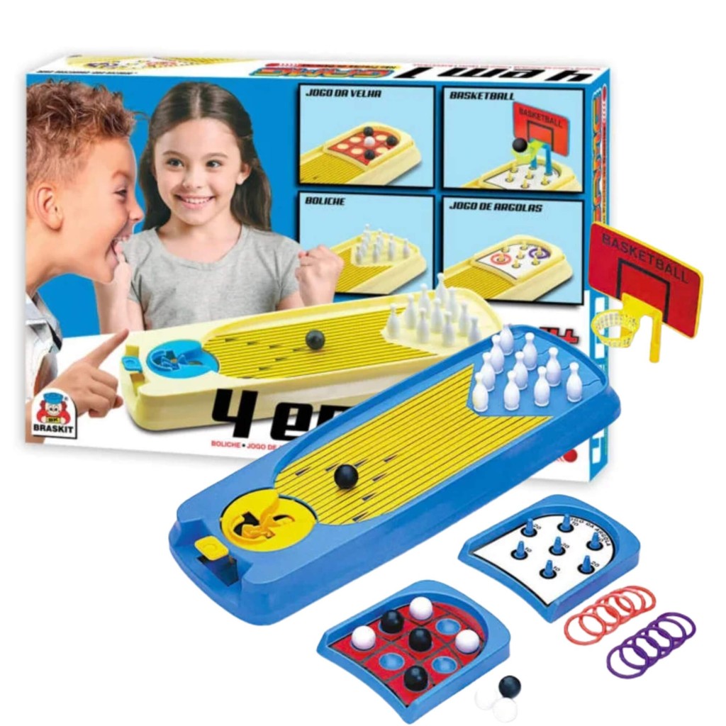 Brinquedo Infantil 4 em 1 Game Mesa de Jogos Argola Basquete Boliche