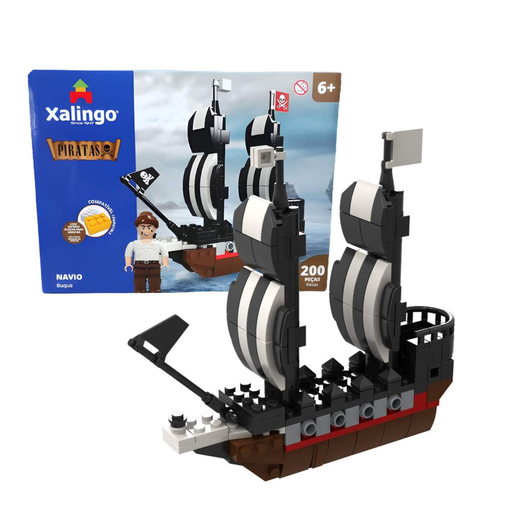 Brinquedo Infantil Blocos de Montar Piratas Navio 200 Peças Xalingo