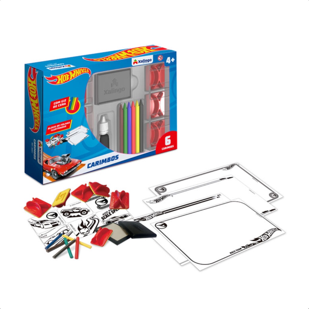 Brinquedo Infantil Carimbos Hot Wheels 6 Carimbos Giz de Cera Bloco