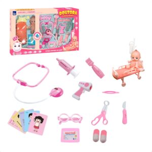 Brinquedo Infantil Kit Médico Rosa c Mini Paciente Bebê, Maca