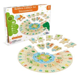Brinquedo Infantil Quebra Cabeça 3X1 Dinossauros 40 Peças Pais e