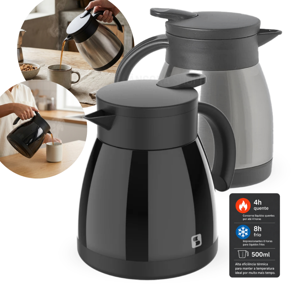 Bule Térmico Garrafa Térmica Aço Inox Preta 500ml para Café Chá Com — Cozinha e Utensílios
