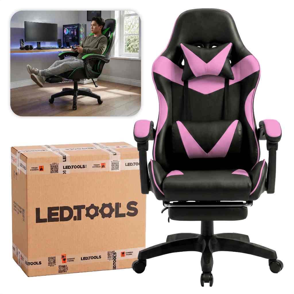 Cadeira Gamer Cor Rosa Ergonômica Reclinável Estofado Couro Sintético — Games