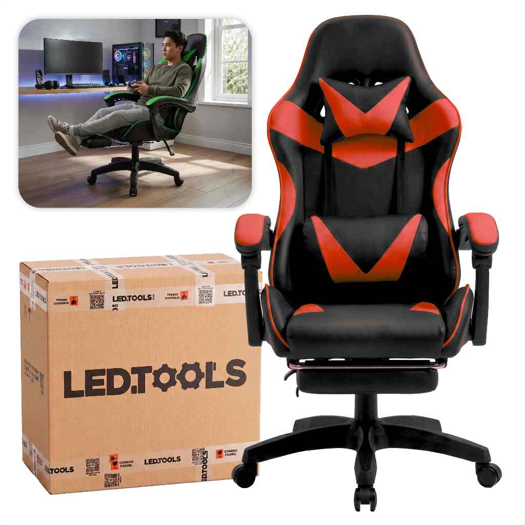 Cadeira Gamer Cor Vermelha Ergonômica Estofada Couro Sintético — Games