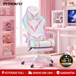 Cadeira Gamer Ergonômica Reclinável 135º Branca Rosa Com Luz LED RGB