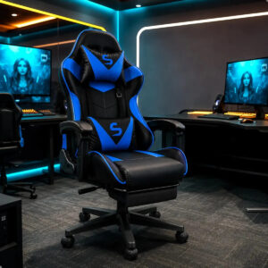 Cadeira Gamer Escritório Ergonômica Confortável Reclinável Azul Couro