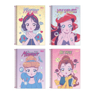 Caderno espiral capa dura universitário 1×1 80 folhas Princesas Mangá