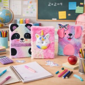 Caderno Pelúcia Modelos Colorido Panda Unicórnio Dog 70 Fls 15X21CM