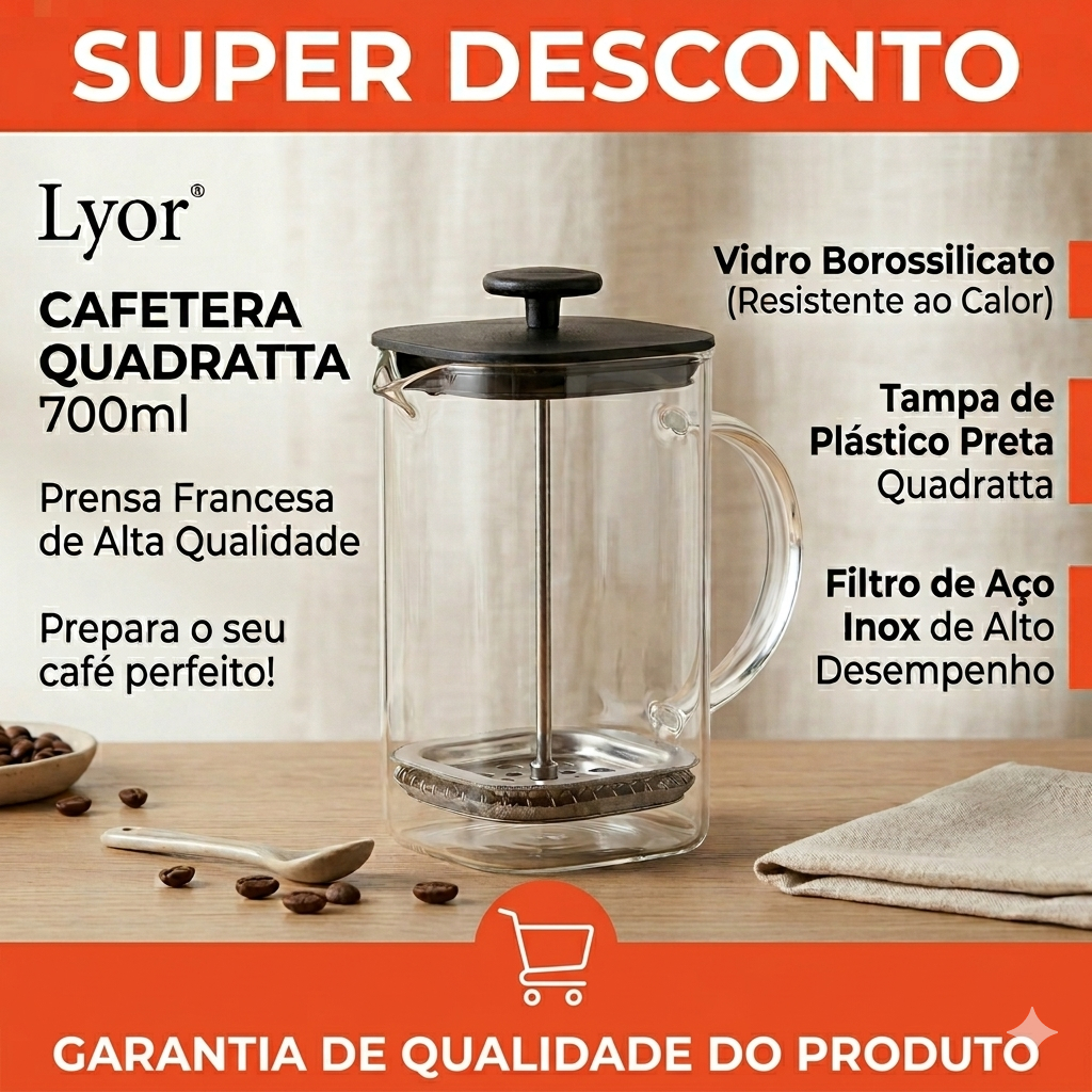 Cafeteira Francesa Prensa de Vidro Borossilicato 700ml Quadratta — Eletroportáteis