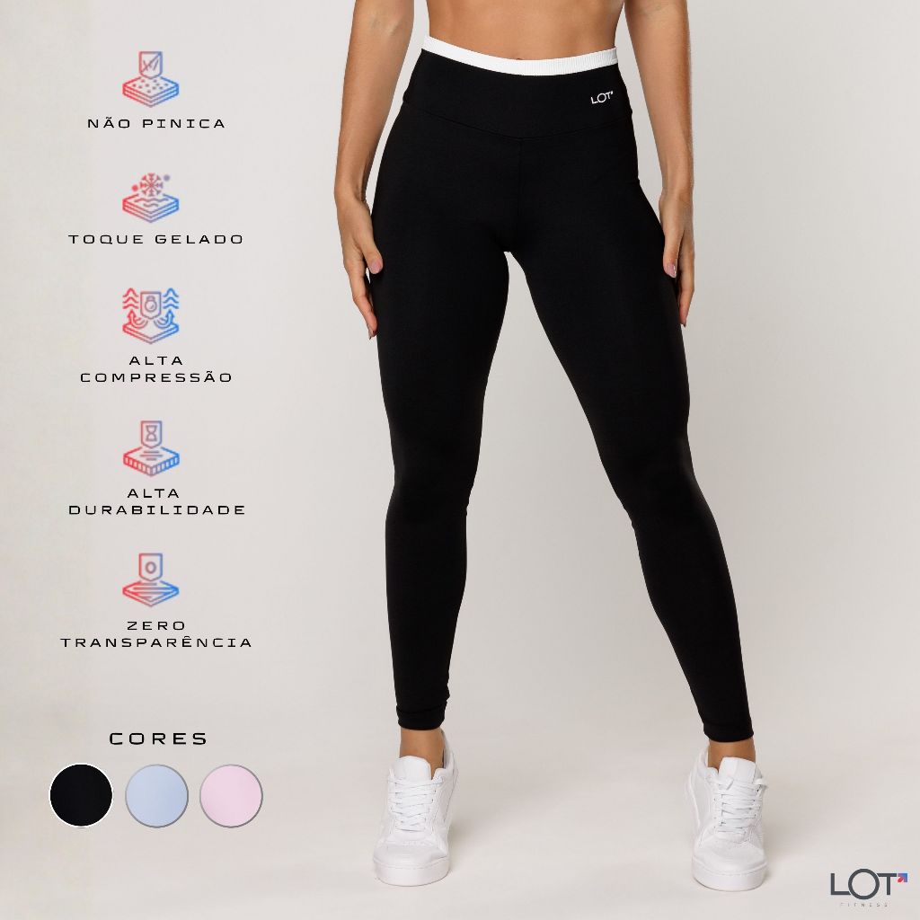 Calça Legging Academia Feminina Preta com cós Off White Fitness