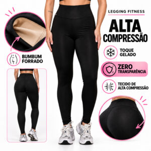Calça Legging Fitness Academia Feminina Preta Cós Alto Forro Duplo