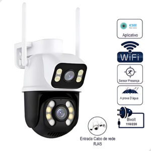 Câmera de Segurança Wi-fi Branco Preto Dome de Dupla Lente com Sensor