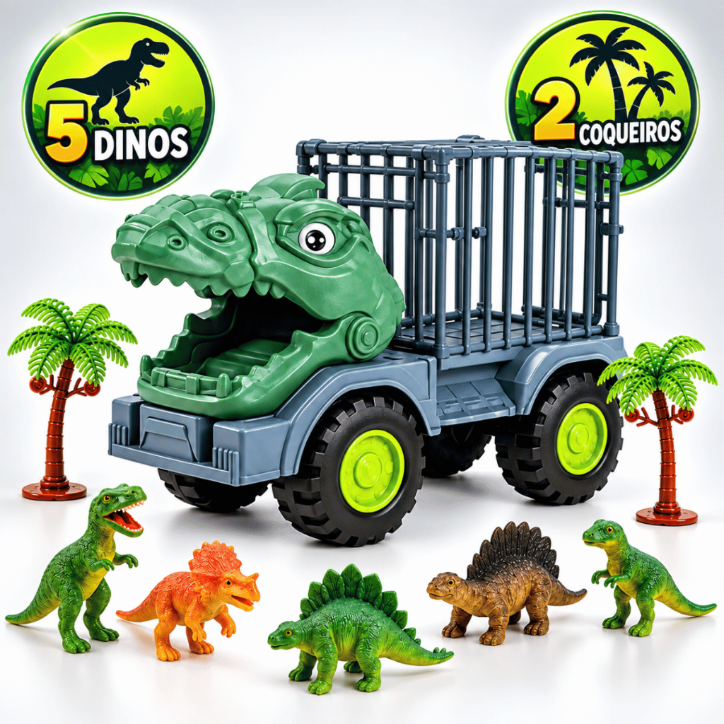 Caminhão Carrinho Dinossauro Jaula Safari Dinos Borracha Brinquedo