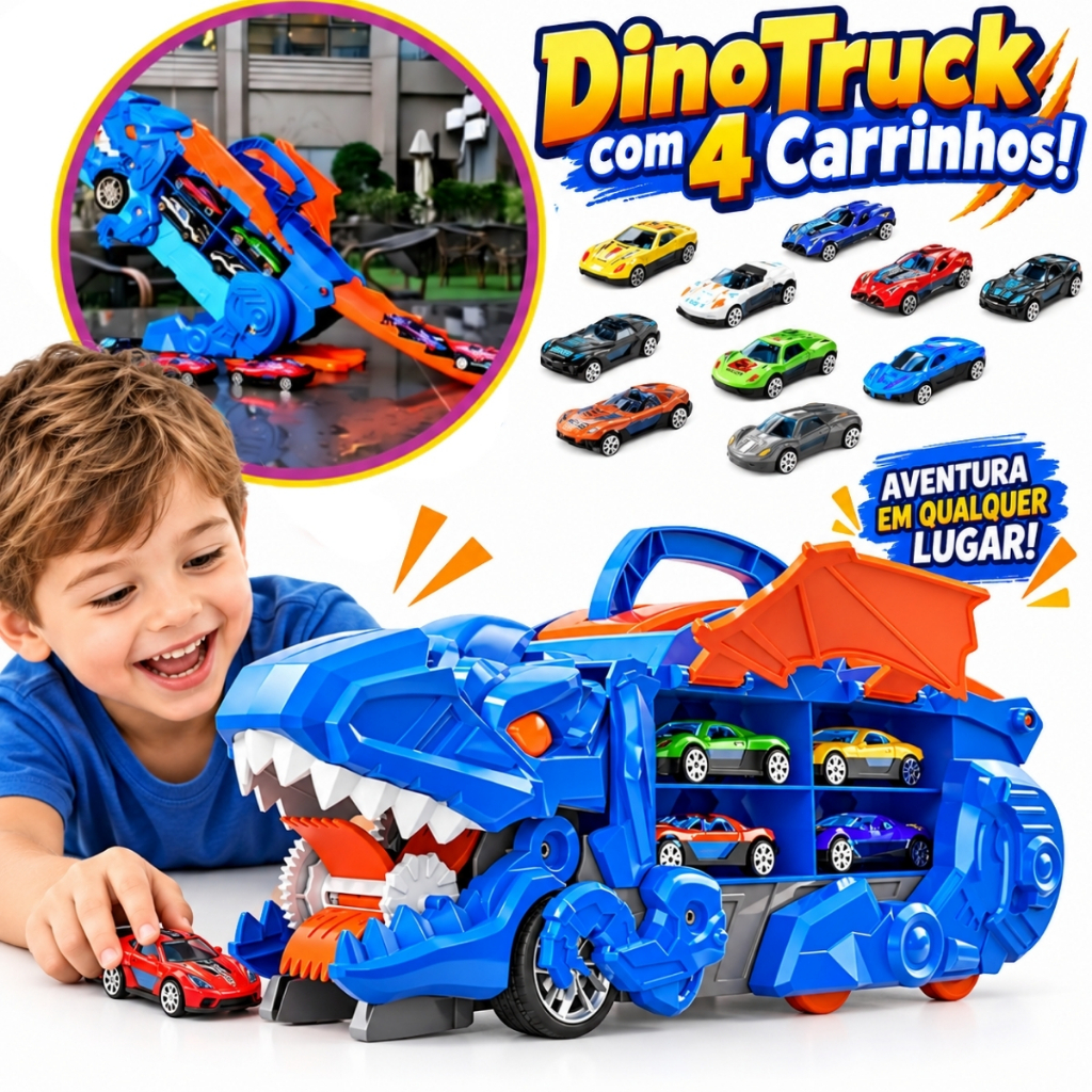 Caminhão Dinossauro Cegonha Brinquedo Menino Pista de Carrinho Maleta