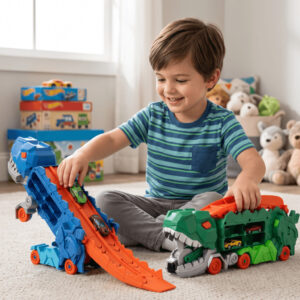 Caminhão Dinossauro T-Rex 2 em 1 Cegonha Pista Lançador de Carrinhos