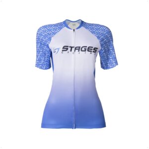 Camisa Ciclismo Feminina M Zíper Bolso Traseiro Degrade Branca e Azul