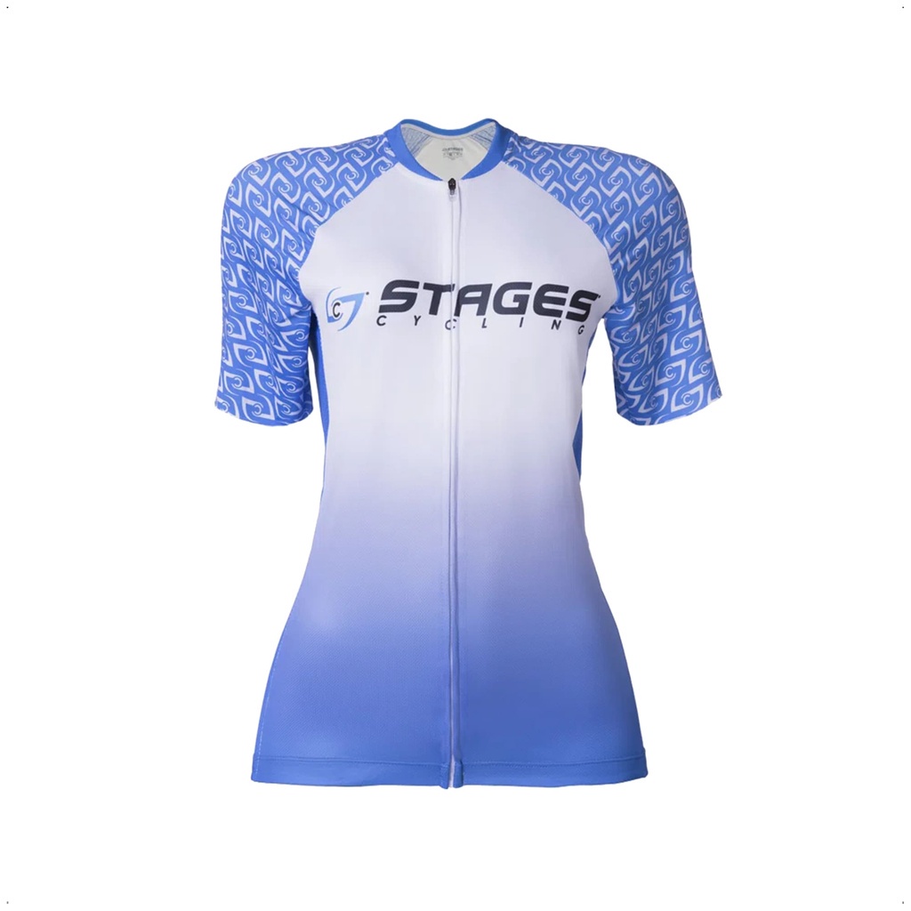 Camisa Ciclismo Feminina M Zíper Bolso Traseiro Degrade Branca e Azul