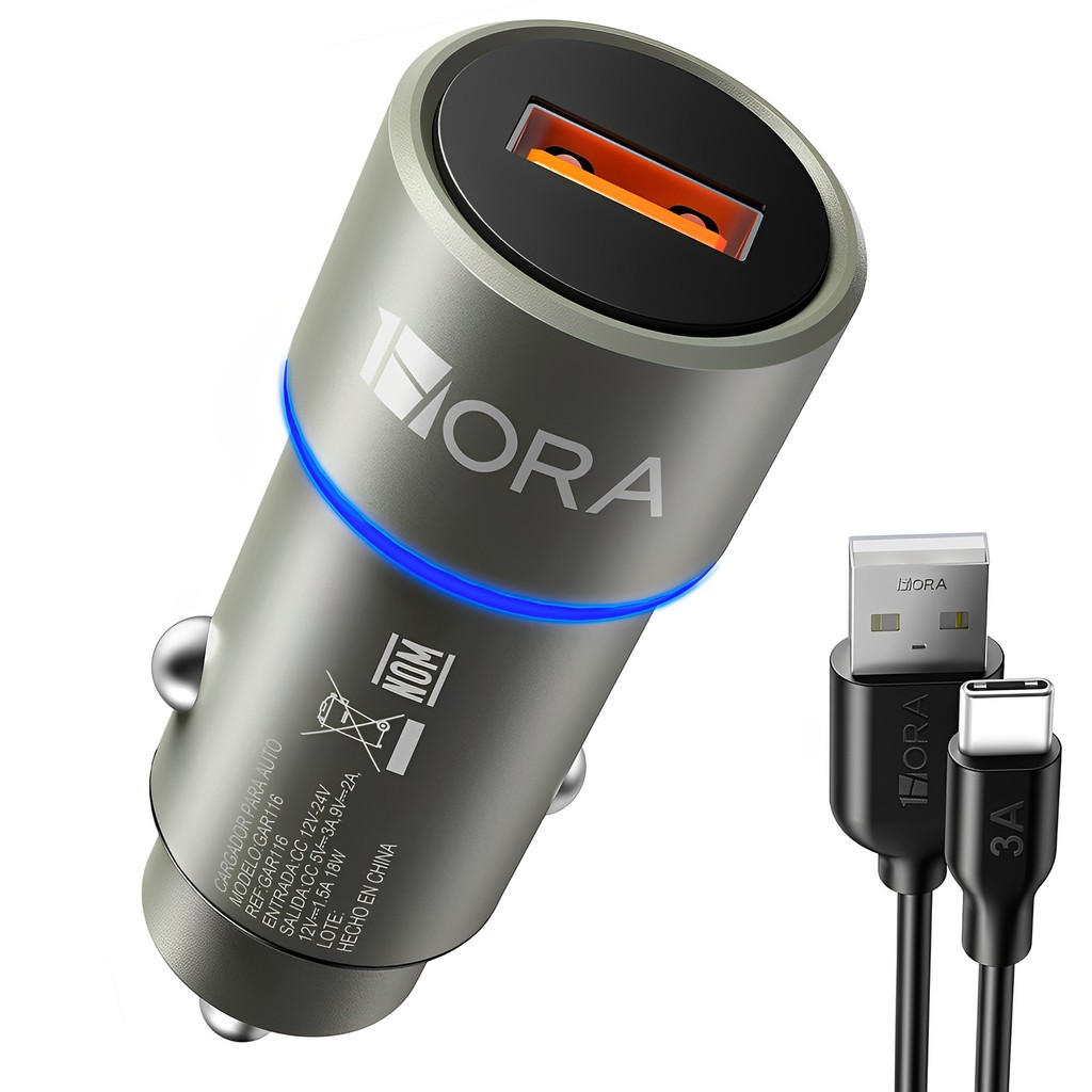 Carregador Carro 1Hora 3A+Cabo Usb Tipo C Preto