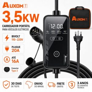 Carregador Carro Elétrico Portátil Auxom 3,5kW Tipo 2 Bivolt 110V